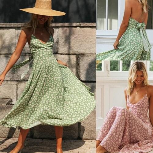 Women Bohemian Flower Printed A-line Party Dress Spaghetti Strap Sexy V neck Elegant Casual Dress 2020 Summer New Fashion Dress