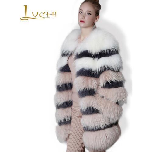 LVCHI 2019 Autumn Winter Silver Fox Striped Genuine Womens Real Fur Coats Women Fox With Fox Collar Solid Full Sleeve Fox Coat