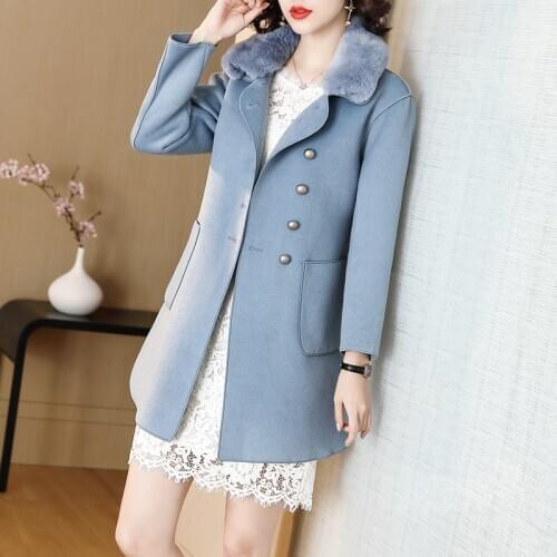 Women Coat Spring Autumn Rabbit Fur Collar Double-sided Elegant Wool Jacket Blue Korean Overcoat YLW1219621Z KJ4222