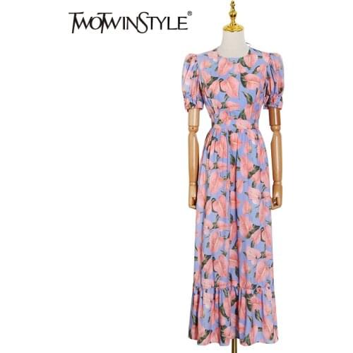 TWOTWINSTYLE Temperament Print Backless Dress For Women Square Collar Puff Sleeve High Waist Hollow Out Dresses Female Fashion