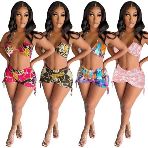 Zoctuo Two Piece Shorts Set For Women Sexy Club Backless Sling Bra Shorts Set Printing Lace Up Skinny Casual 2 Piece Shorts Set