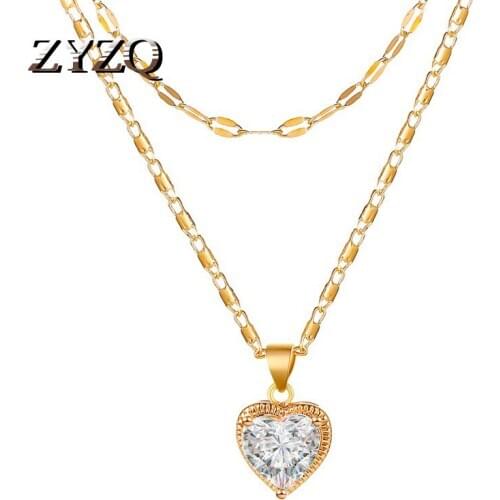 ZYZQ Korean Version Of Double Crystal Peach Heart Necklace Sweet Heart Pendant Double Chain Sweater Chain