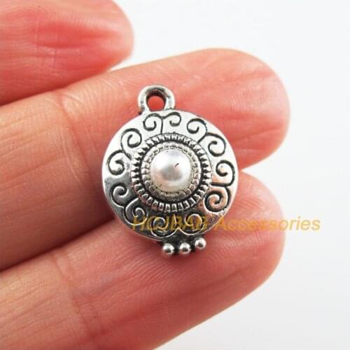 15Pcs Tibetan Silver Color White Acrylic Flower Round Charms Pendants 14x18.5mm