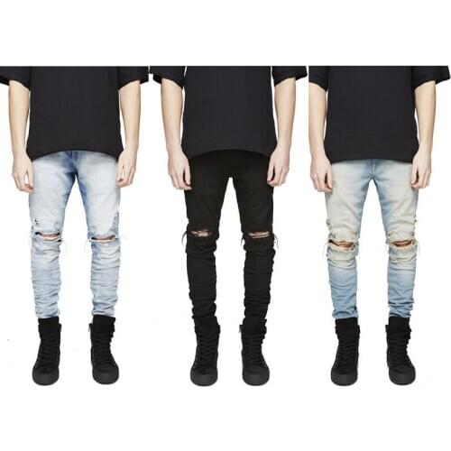 2021 Spring and Autumn Fashion Casual Mens Solid Color Holes Straight Slim High Street Denim Men Jeans