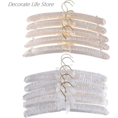 5Pcs 38cm Beige/ White Satin Padded Top Hangers Clothes Coat Top Grade Hanger Gold Hook