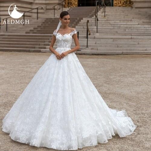 Aedmgh Ball Gown Vintage Wedding Dresses 2021 Sweetheart Cap Sleeve Robe De Mariee Lace Appliques 3D Flowers Beaded Bridal Dress