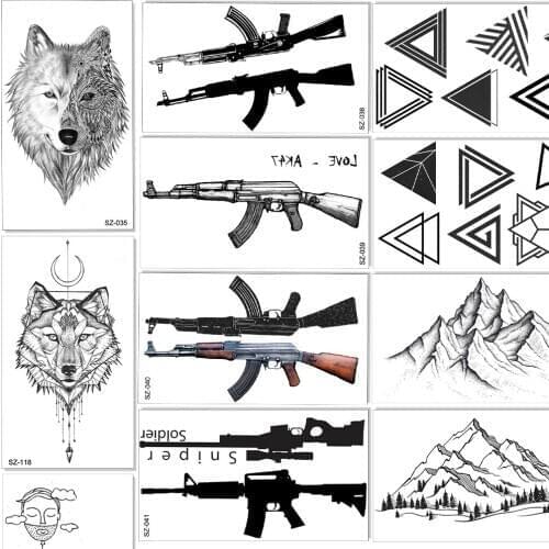 AK AKM M4 Rifle Arms Temporary Tattoos For Kids Children Arm Fake Tattoo Sticker Paper Women Men Sniper Weapon Tatoos Wolf