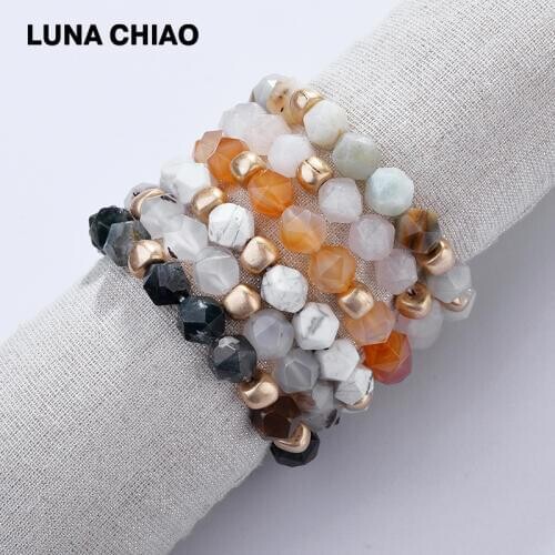 LUNA CHIAO Natural Amazonite White Marble Stone Faceted Beaded Bracelets Strechable Stacked Bracelet for Women
