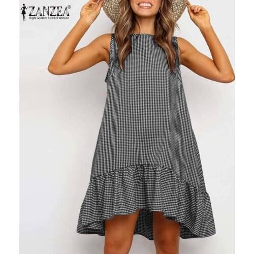 Elegant Check Mini Dress Womens Summer Sundress ZANZEA 2021 Casual Plaid Ruffle Vestidos Female O neck Robe holiday Oversize