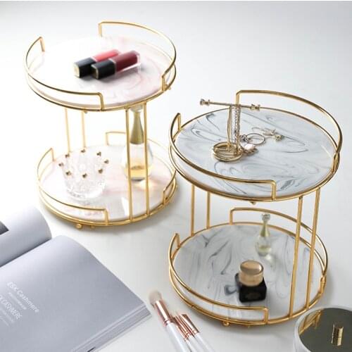European Marble Shelf Gold-plated Wrought Iron Double-layer Cosmetic Jewelry Storage Teacup Cake Tray Desktop Ceramic Tray Shelf