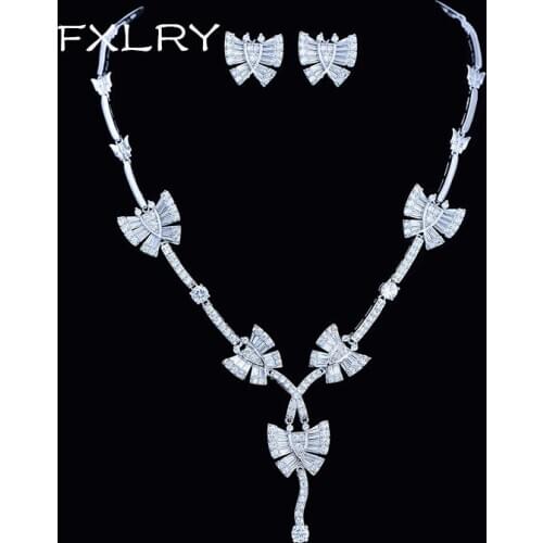 FXLRY New Design White CZ AAA Cubic Zircon ,The Butterfly Earrings And Necklace Fashion Women Luxury Wedding JE
