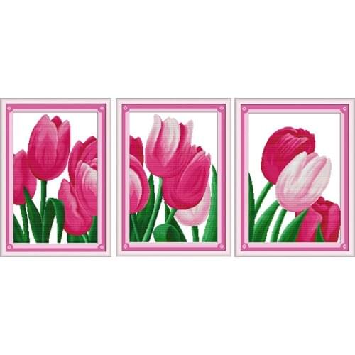 Joy Sunday Pink Tulip Counted Printed on Canvas Cross Stitch Kits 11CT14CT Flora Paintings Embroider Kitsl DIY Needlework Sets