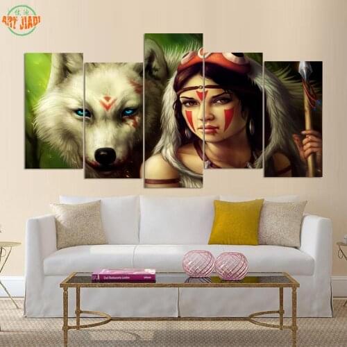 NEW 5 Piece Canva Art girl spear warrior wolf HD canvas Painting Living Room Decorations For Home Wall Art Prints Canvas B383