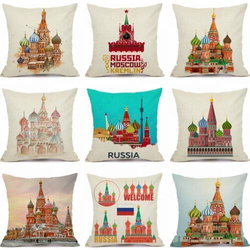 XUNYU Russia Building Pillow Covers Linen Throw Pillow Case Home Sofa Square Decorative Cushion Cover 45X45cm EJZ001