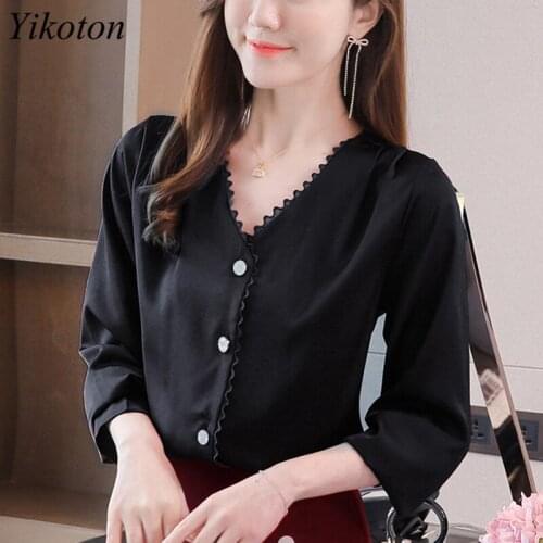 Autumn Fashion Button Up Satin Silk Shirt Vintage V-Neck Blouse Women Black Lady Long Sleeves Female Loose Casual Shirts Tops