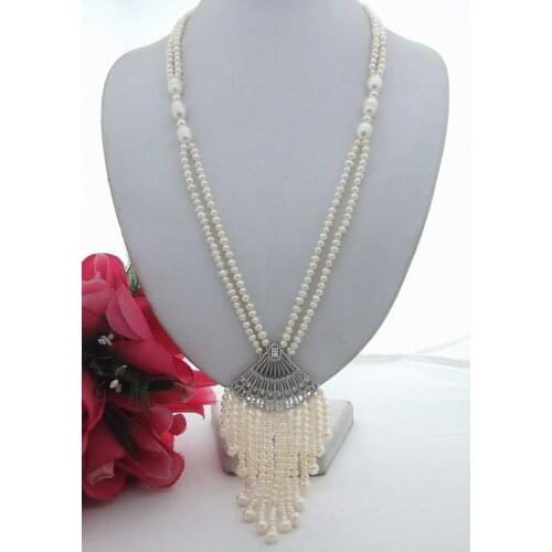 Natural white freshwater Pearl Necklace-sector pendant inlay zircon tassel long sweater chain necklace FINE jewelry