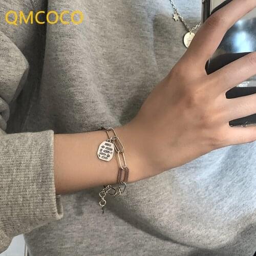 QMCOCO Korean Version 925 Silver Square Pendant Bracelet Retro Simple Letter Bracelet Personality Hip-Hop Hand Accessories