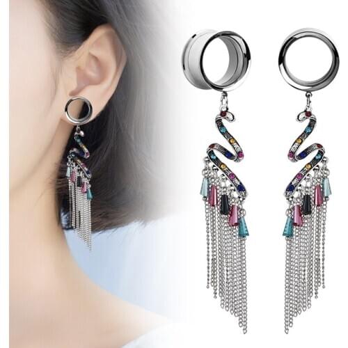 2pcs Ear Piercing Crystal Earring Rings Ear Plugs Tunnels Ear Expansions Tassel Ear Reamer surgical steel Ear Dilations Jewelry