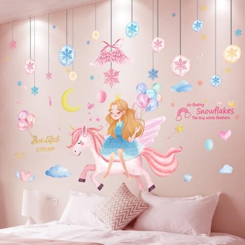 [shijuekongjian] Girl Unicorn Wall Sticker DIY Snowflakes Wings Wall Decals for Kids Rooms Baby Bedroom Child House Decoration