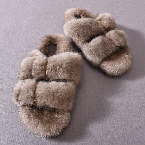 Women Fox Fur Slides Fluffy Flat Slippers Ladies Indoor Plush Fox Fur Slippers Female Casual Fox Fur Sandals Plush Shoes