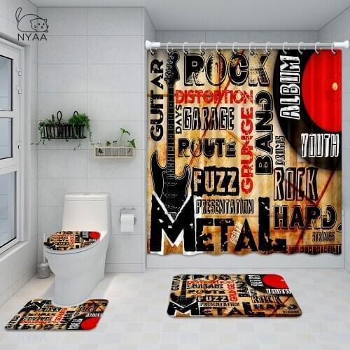 Burn Skull Bathroom Set Musical Instruments Guitar With Drum In Black Waterproof Shower Curtain Toilet Cover Mat Non Slip Rug