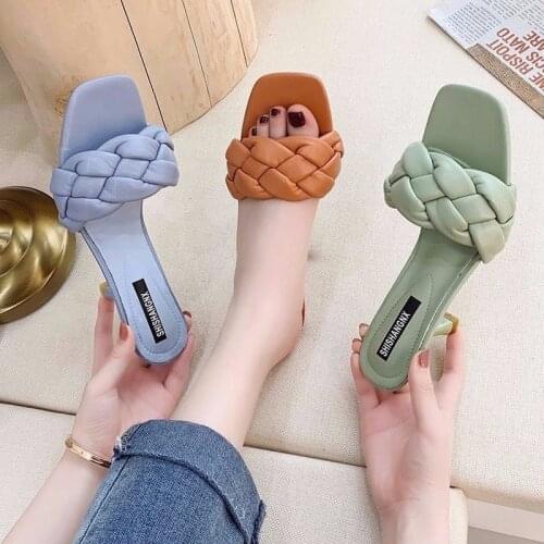 2021New Design Weave Women Slipper Ladies Thin High Heel Sandal Open Toe Slip On Summer Outdoor Slides Flip Flop fashion shoes