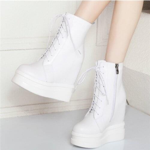 High Top Fashion Sneakers Women Lace Up Genuine Leather Wedges High Heel Pumps Shoes 2020 Female Round Toe Trainers Casual Shoes