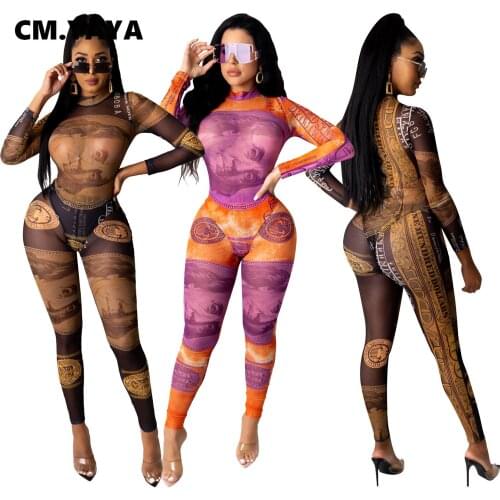 CM.YAYA Activewear Benjamin Print Mesh Womens Set Bodysuit Pants Matching Set Sexy Tracksuit Fitness Two Piece Set Outfit