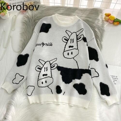 Korobov Vintage O Neck Long Sleeve Women Sweaters Korean Hit Color Patchwork Sueter Mujer 2020 New Cartoon Jumper Femme