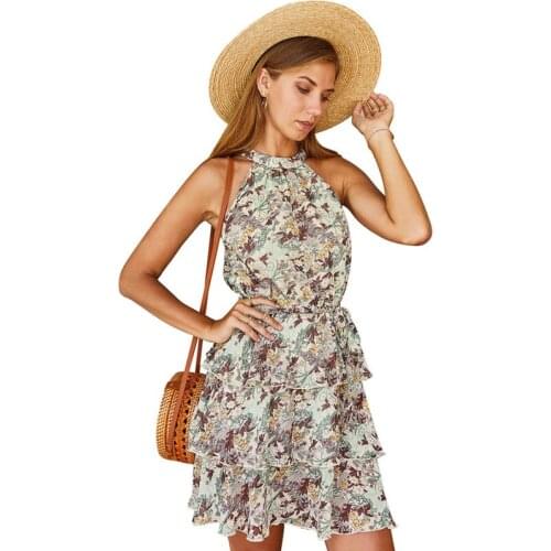 Bohemian Fashion 2021 Women Sleeveless Flower Print Chiffon Dresses Elegant Ruffles Elastic Waist Slim Bandage Dress Vestidos