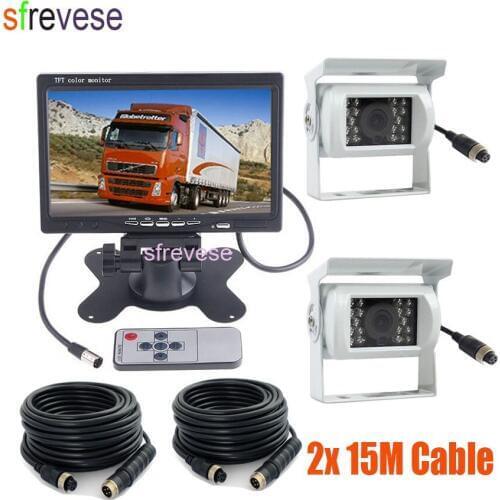 2 x White 18 LED IR Night Vision 4Pin CCD Reversing Parking Camera + 7" LCD Monitor Caravan Rear View Kit for Bus Truck Motorhom
