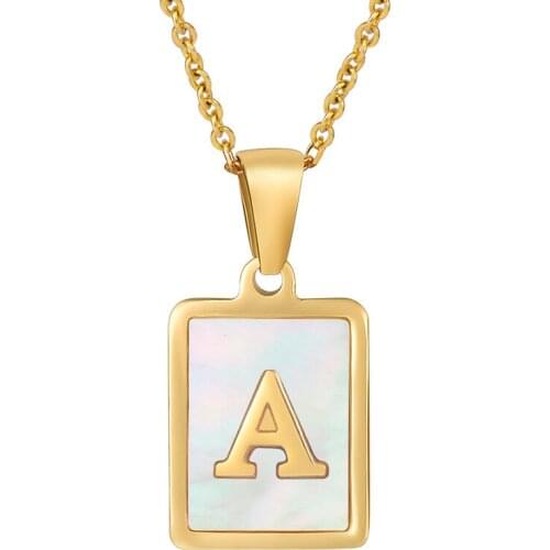 2021 Trendy Gold Color Chain Necklace Mens Square Natural Shell Initials Pendant Stainless Steel Jewelry Womens Gift