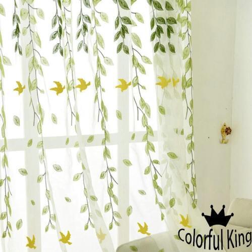 Green Vine Voile Floral Tulle Birds Sheer Curtains Leaves Room Devider Window Screening for Kitchen Transparent Yarn Customized