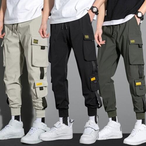 2021 Mens Harem Pants Side Pockets Cargo Ribbons Black Hip Hop Casual Male Joggers Trousers Fashion Casual Streetwear