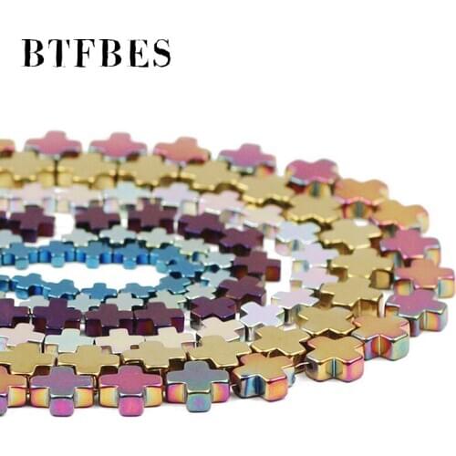 BTFBES Hematite Natural Stone Blue,Gold,Purple,Green,Cross Charm Loose Beads For Trendy Jewelry Bracelets Making DIY 6/8/10mm