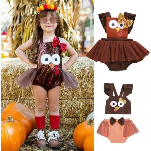 FOCUSNORM Thanksgiving Baby Girls Clothes Ruffles Short Sleeve Lace Tutu Romper / T shirts Shorts 2pcs Sets