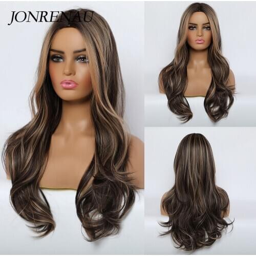 Jonrenau Long Water Wave Synthetic Wigs Dark Brown Middle Part Natural Hair Wigs For Women Cosplay Wigs Heat Resistant Fiber