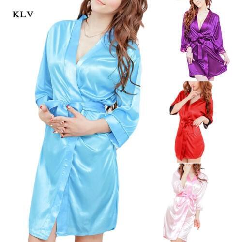 KLV Womens Short Kimono Style V-Neck Bathrobe Plain Dressing Gown Bridal Party Robe