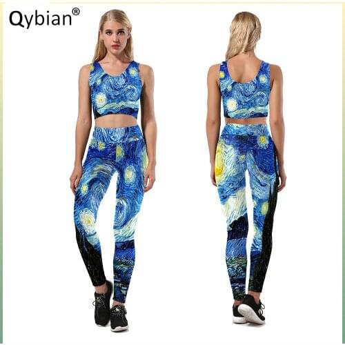 Van Gogh Art Painting Printed Pattern Fitness Two Piece Set Ladies Vest Tank Top + High Stretch Fashion Trousers