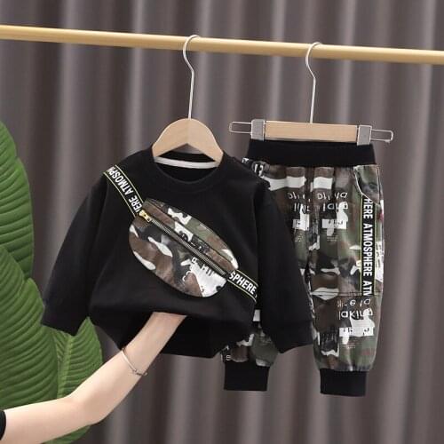 Children Clothing Sets Autumn Spring New Casual Baby Boys Camouflage Bag Patchwork Tops+Pants Kids Fashion Clothes Suits
