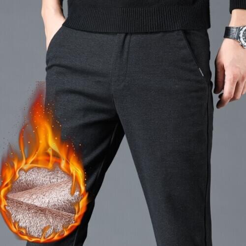 Korean mens casual Straight pants Fashion trend stretch brushed trousers classic Plus velvet Black trousers Autumn and winter