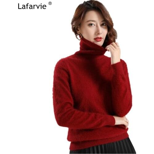 Lafarvie Autumn Winter Turtleneck Knitted Sweater Women Thick Pullover Female Solid Color Slim Soft Warm Mink Cashmere Sweter