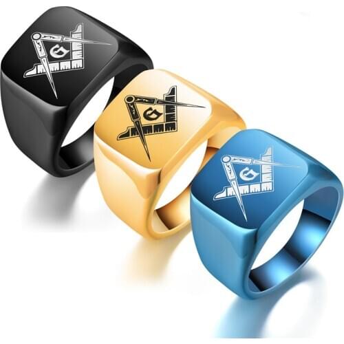 Laser Masonic Rings For Men Gold Black Blue Silver Color Ring Mason Freemasonry Finger Punk Cool Male Party Jewelry