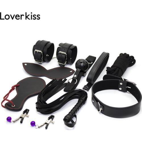 Loverkiss 8pcs/lot Faux Leather Handcuffs Bdsm Mask Sex Whip Nipple Clamps Collar Spanking Paddle Rope Restraints Bondage Set