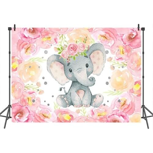 Neoback Baby Shower Backdrop Elephant Flower Animal Customized Photographic Backdrops for Photo Studio