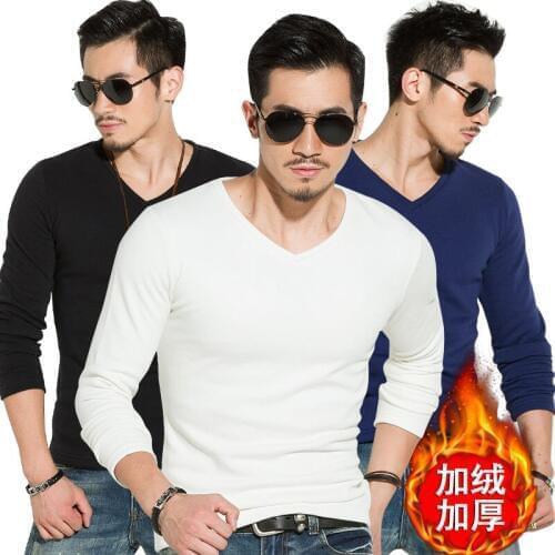 Size s-5xl Men add velvet thickening autumn winter pure color long sleeve T-shirt Stretch slim fit male cotton pullover tshirt