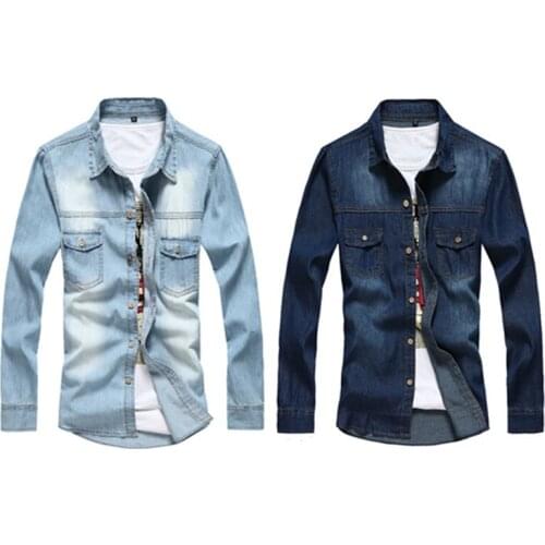 Male Solid Slim Fit Denim Shirt Jeans Shirt Camiseta Masculina Spring New Men Long Sleeve Denim Shirts Spring Style