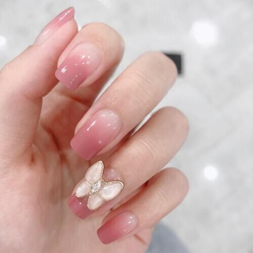 Princess style Gradual pink pure color with golden butterfly 3d decorated fake nails bride square false nails lady full nail tip