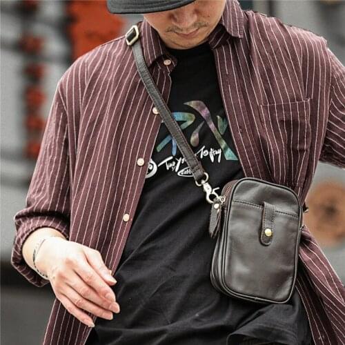 Casual Mens mini one shoulder small bag natural genuine leather retro mobile phone bag cowhide waist bag multi-function bag
