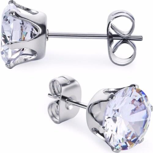 2pcs/lot Stainless Steel Mens Womens Stud Earrings Round Cubic Zirconia Inlaid Tragus Lobe Earring 3-10mm Available SE583